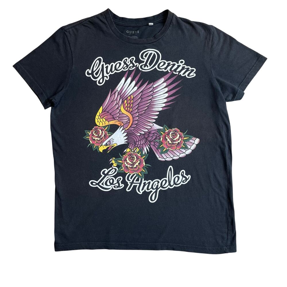 GUESS Denim Los Angeles Graphic T-Shirt Black Eagle Roses Tattoo Style Large